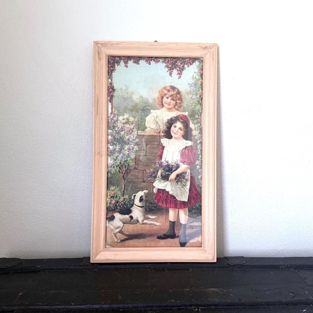 Antique Framed Lithograph – Two Girls with Dog & Flowers, Victorian Reproduction